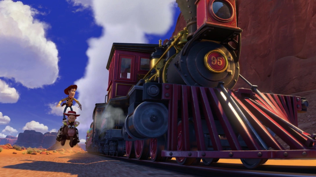 The toys chase a train in Andy's western-inspired imagination sequence in Toy Story 3.